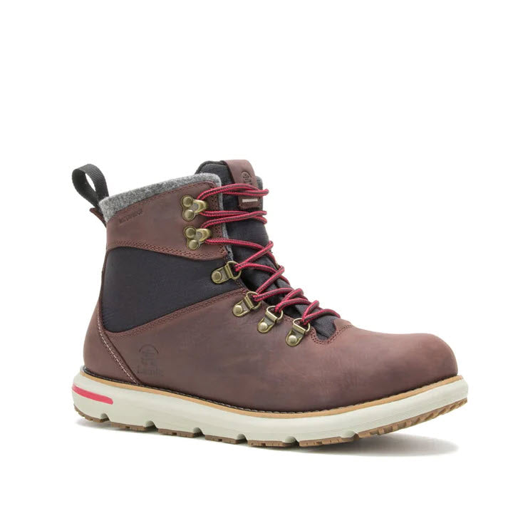A waterproof, burgundy leather Kamik Brody Brown hiking boot with grey trim and Ortholite® Hybrid™ ECO insoles on a white background.