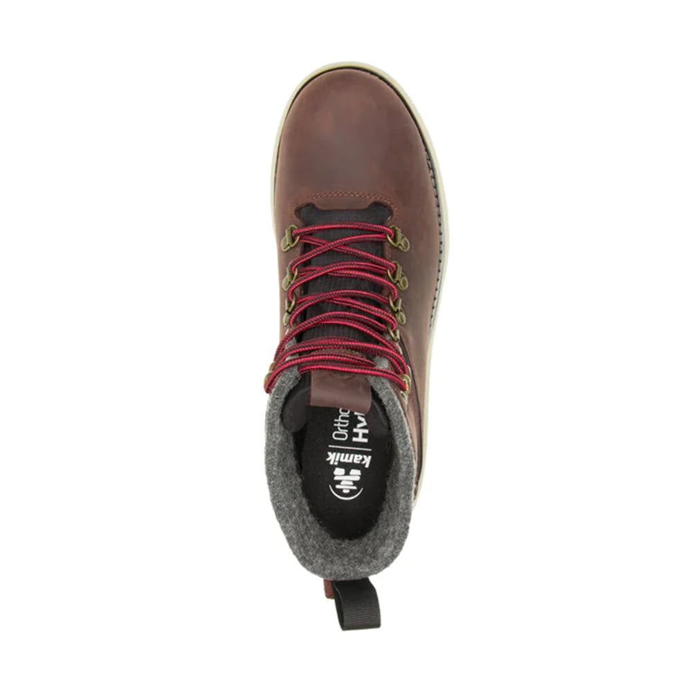 Top-down view of a Kamik Brody Brown men&#39;s boot with red laces and a grey interior.