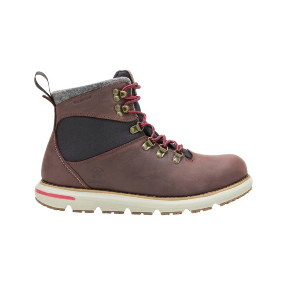 A single Kamik Brody Brown men&#39;s hiking boot with red laces, a grey interior trim, and waterproof construction on a white background.