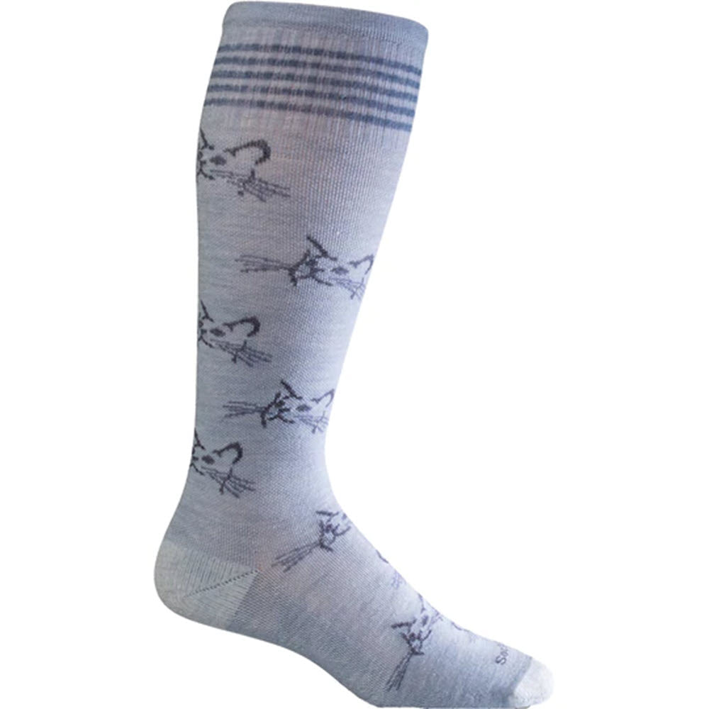 A Sockwell Feline Fancy Chambray 15-20 mmHg compression sock with a design featuring recurring small motifs on a merino wool and bamboo rayon blend background.