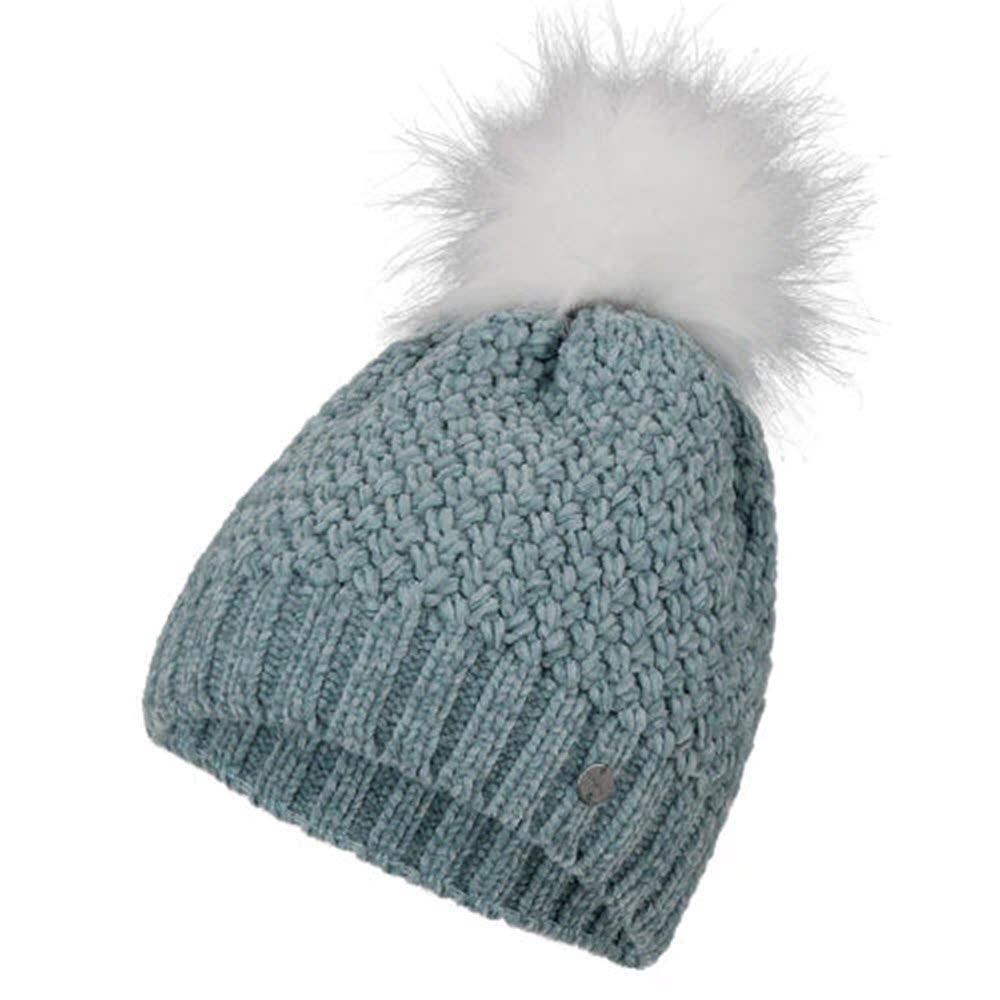 A MILLYMOOK VALERY HAT MINT - KIDS with a fluffy white pom-pom on top, isolated on a white background.
