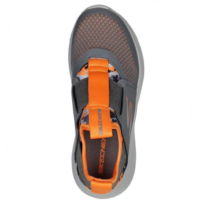 Top view of a gray and orange Skechers SKECHERS SKECH FAST CHARCOAL/ORANGE - KIDS sport sandal with a cushioned midsole.