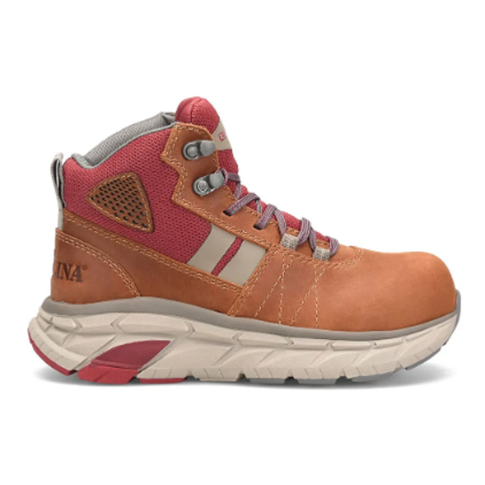 Sentence with replacement: A side view of the Carolina CA1950 Sudan Brown women's work boot in tan and pink with a rugged sole, breathable mesh panels, and Carolina construction for comfort and safety.