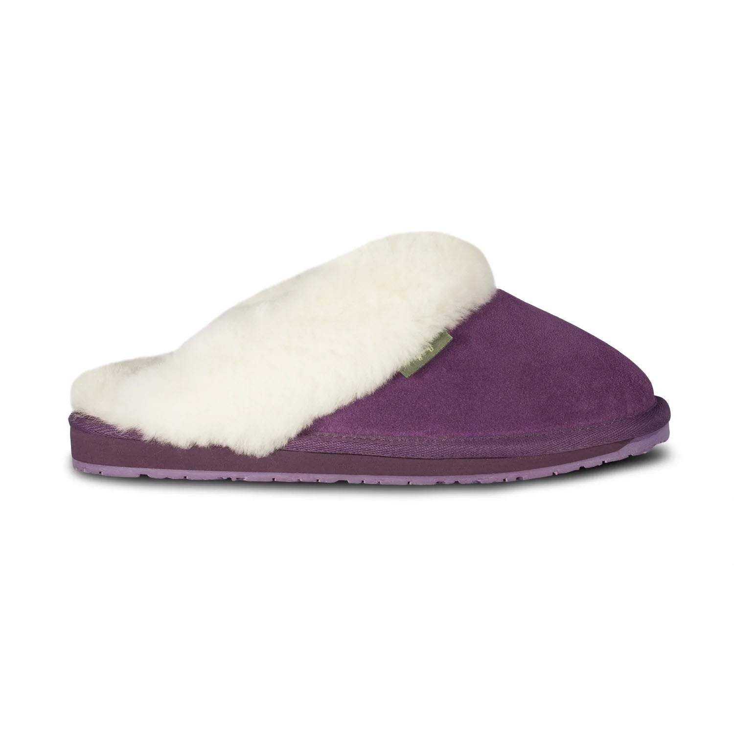 A purple "Cloud Nine Ladies Scuff" slipper with a white sheepskin lining and a thick rubber sole, photographed against a white background.