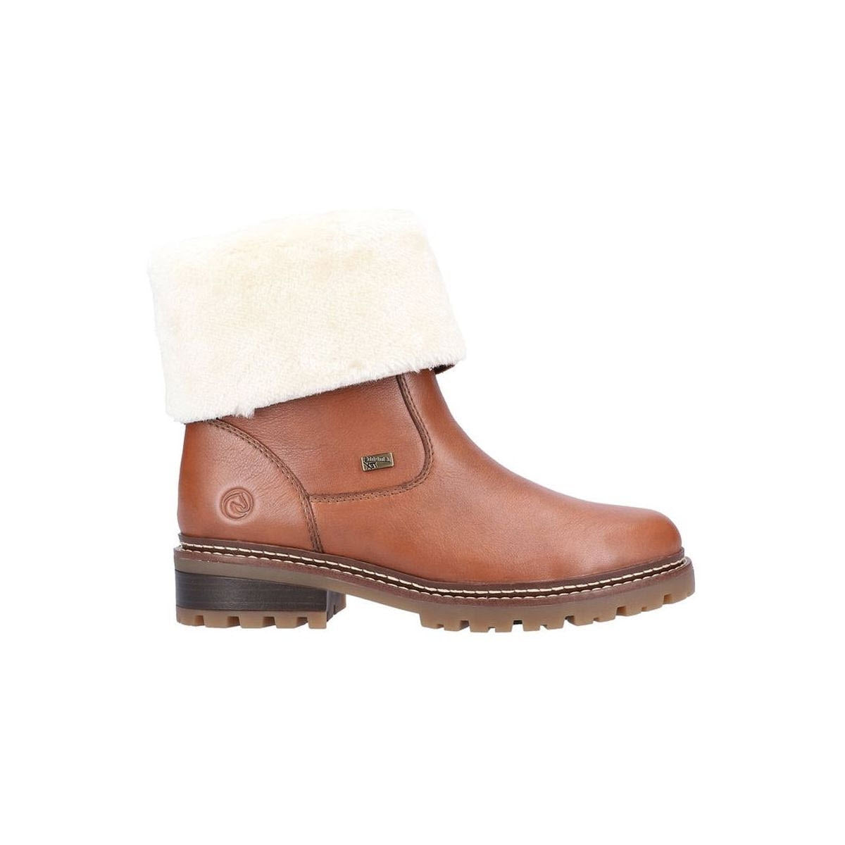 Remonte brown leather boot with a white lambswool lining and a chunky sole, isolated on a white background.