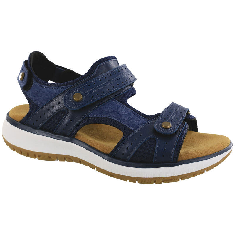 Navy blue SAS EMBARK sandal with adjustable straps and a cushioned insole.
