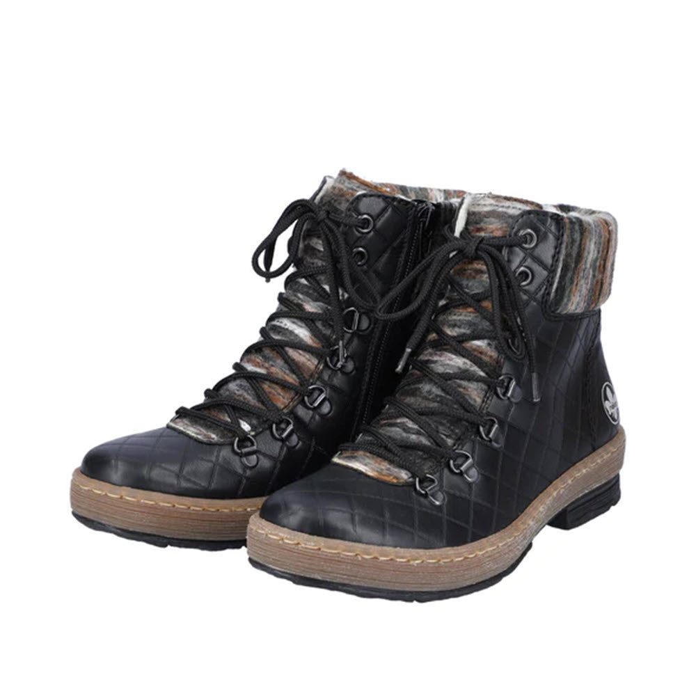A pair of RIEKER YARN CUFF LACE UP BOOTIE BLACK with plaid cuffs and thick soles, featuring lace-up fronts and a circular logo on the side.