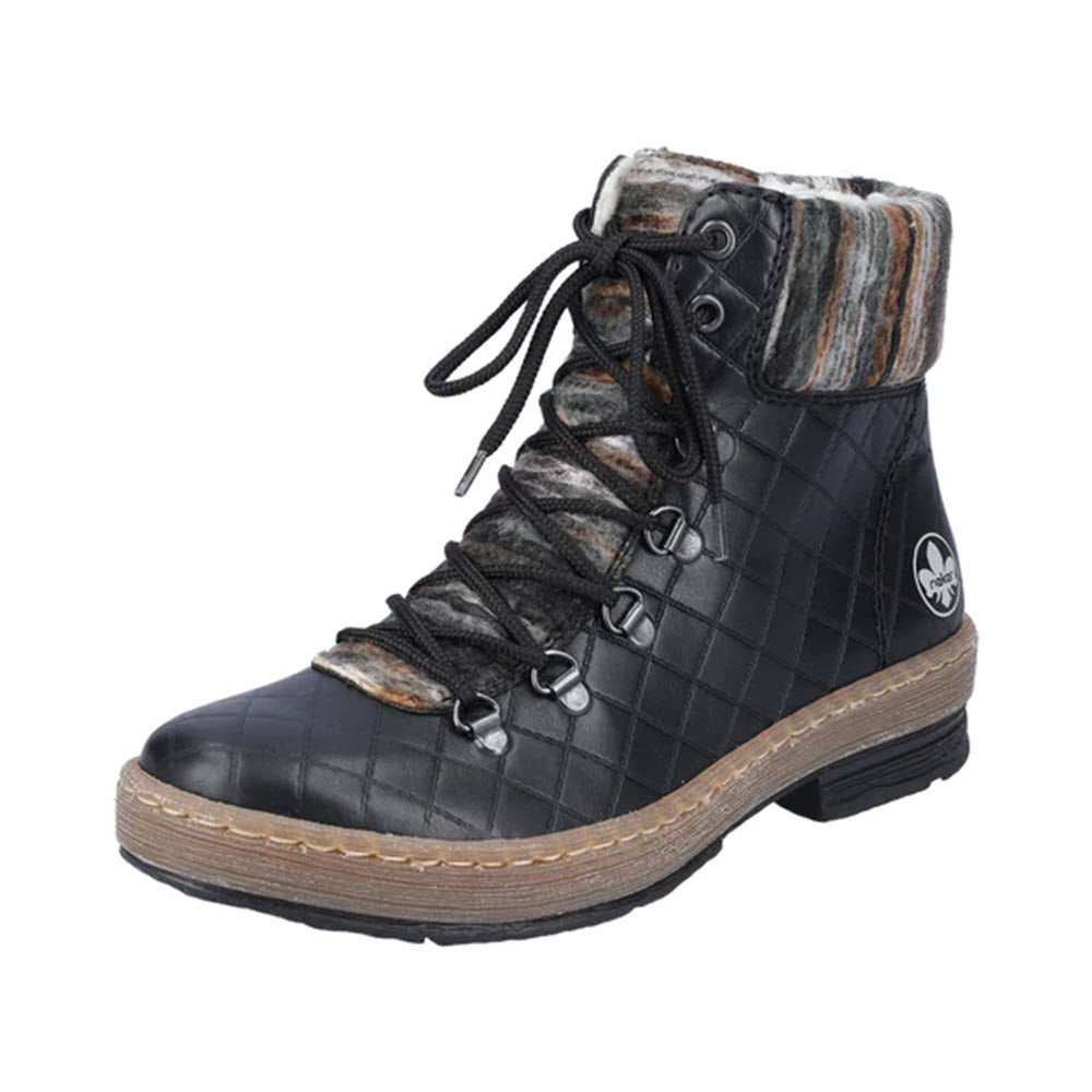 Black RIEKER YARN CUFF LACE UP BOOTIE winter ankle boots with a lace-up front, textured sole, and a patterned inner lining, featuring a waterproof membrane, isolated on a white background.