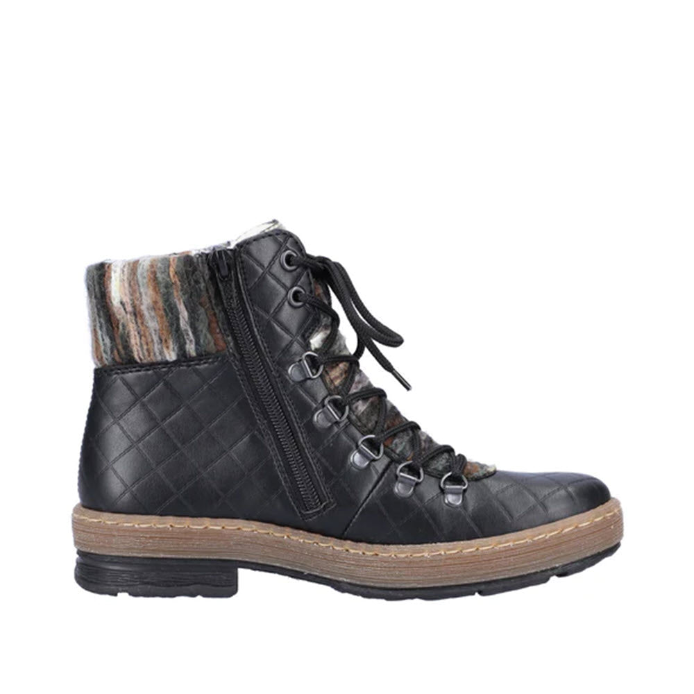 Rieker Yarn Cuff Lace Up Bootie Black with patterned fabric cuff and rugged sole, featuring a waterproof membrane, displayed on a white background.