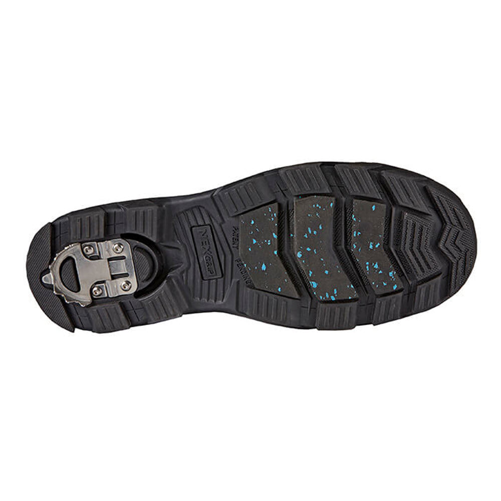Sentence with product name and brand name: Sole of a NexGrip ICE AVALON 2.0 BROWN - MENS hiking boot featuring a retractable cleat attachment mechanism and speckled blue details on the tread.