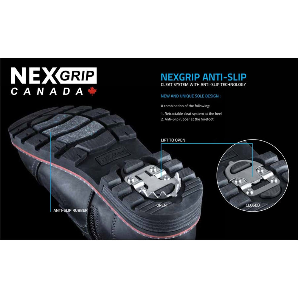 Graphic showing NexGrip Ice Avalon 2.0 Brown - Men&#39;s waterproof boot sole with retractable cleat system. Highlights features and mechanism for improved traction.