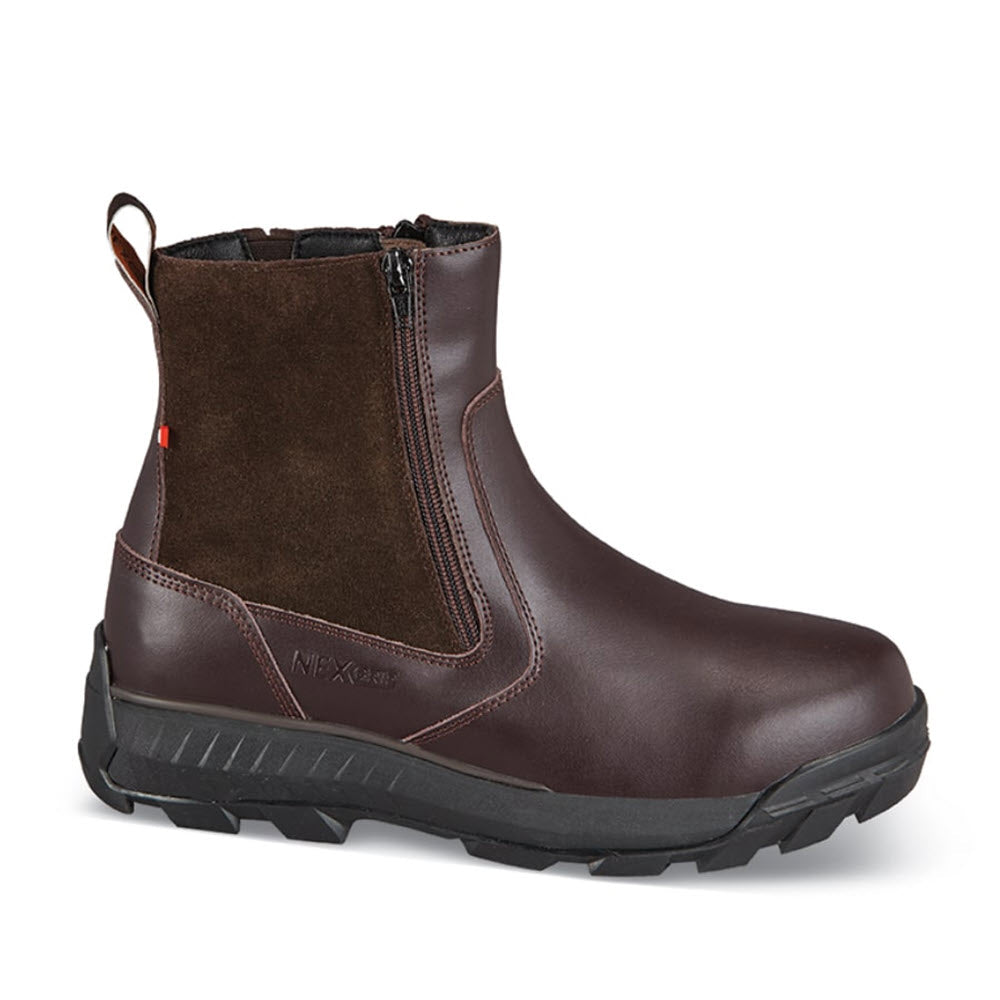 Dark brown leather ankle boot with elastic side panels and a chunky black sole, featuring a pull loop on the back and Thinsulate insulation: NexGrip ICE Avalon 2.0 Brown - Men&#39;s