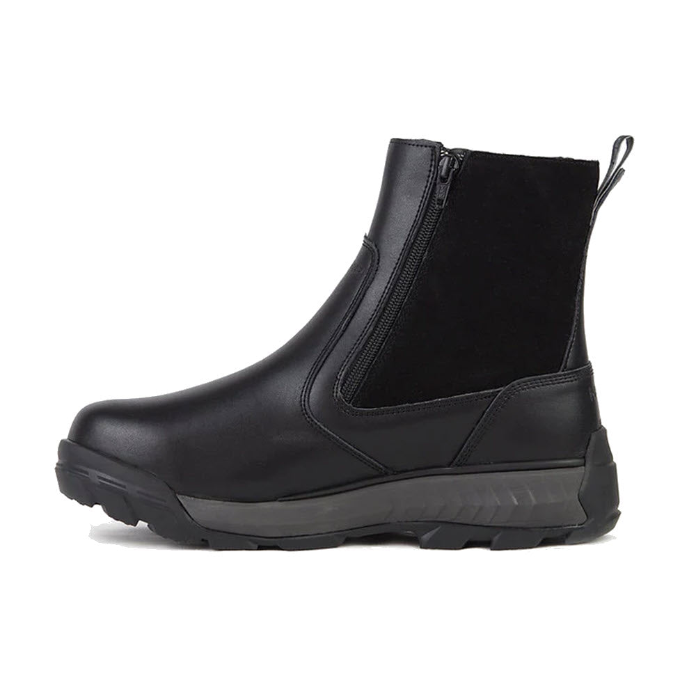 NexGrip black waterproof leather ankle boot with elastic side panels and a thick rubber sole, displayed on a white background.