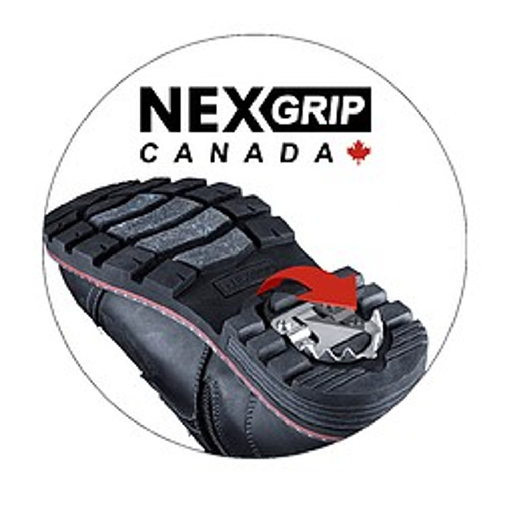 A round image displaying a black NexGrip Ice Avalon shoe with anti-slip technology and a retractable ice cleat on the sole.