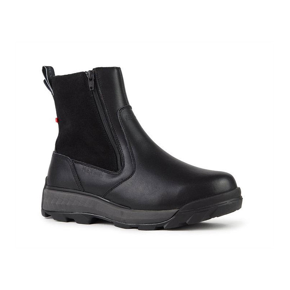 A NexGrip black waterproof leather Chelsea boot with a pull tab and elastic side panels on a white background.