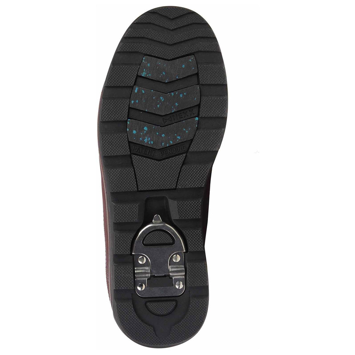 NexGrip black cycling shoe sole with a retractable crampon mechanism and textured tread patterns, incorporating blue and gray accents.