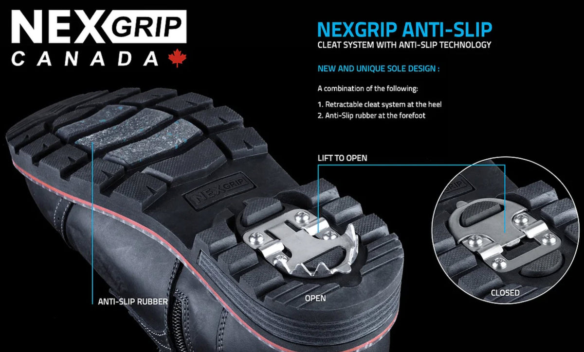 Advertisement for NexGrip ICE JACOB 3.0 Black - Men&#39;s winter boot, featuring a close-up of the retractable crampon system at the heel and anti-slip rubber at the forefoot.