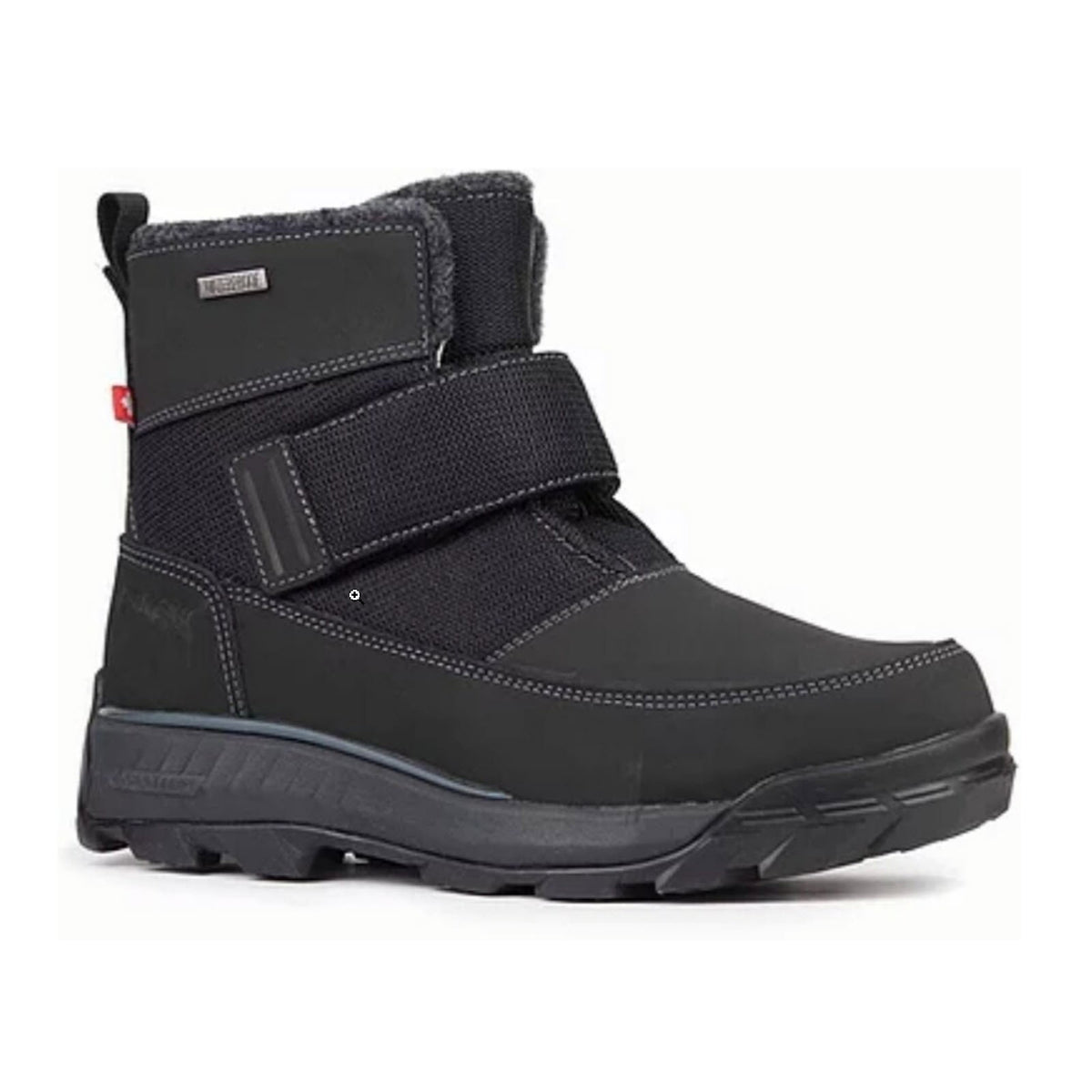 NexGrip Ice Jacob 3.0 Black men&#39;s winter boot with velcro straps and a thick rubber sole, isolated on a white background.