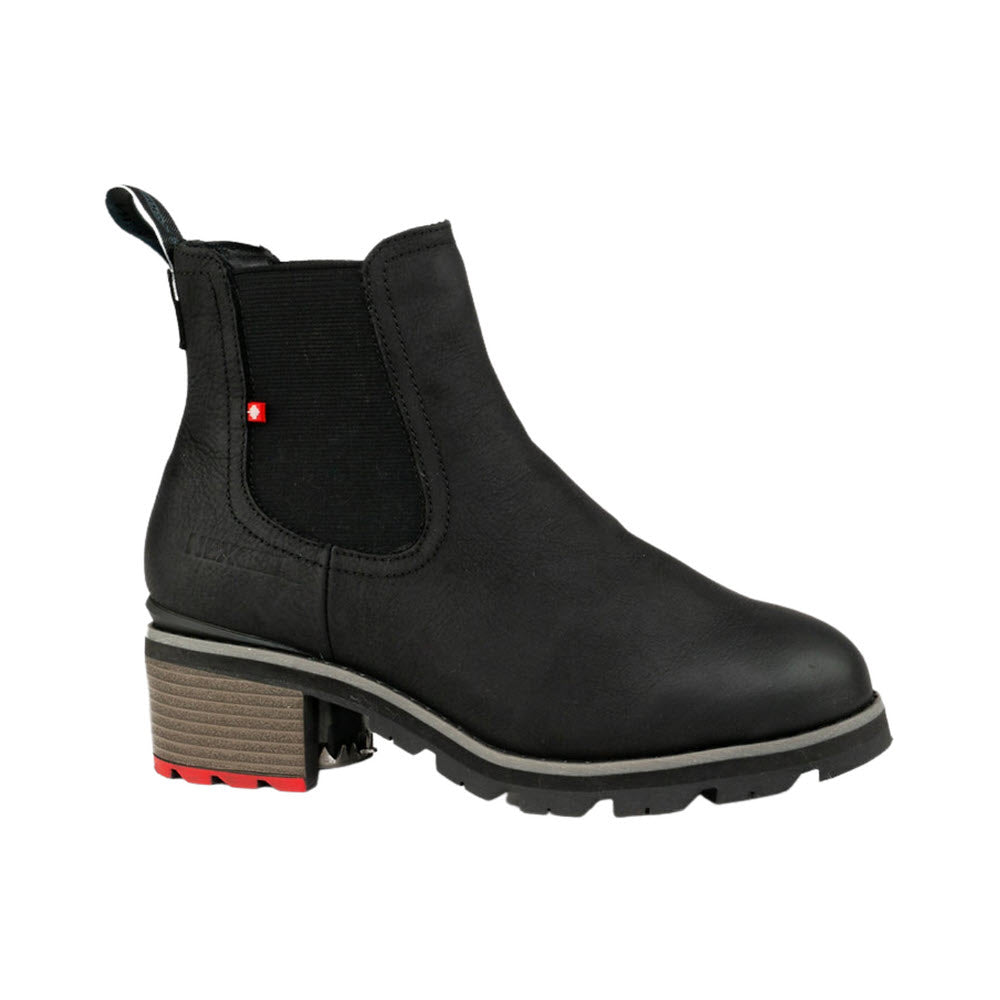 NexGrip black leather Chelsea boot with a chunky heel and red logo tag on a white background.