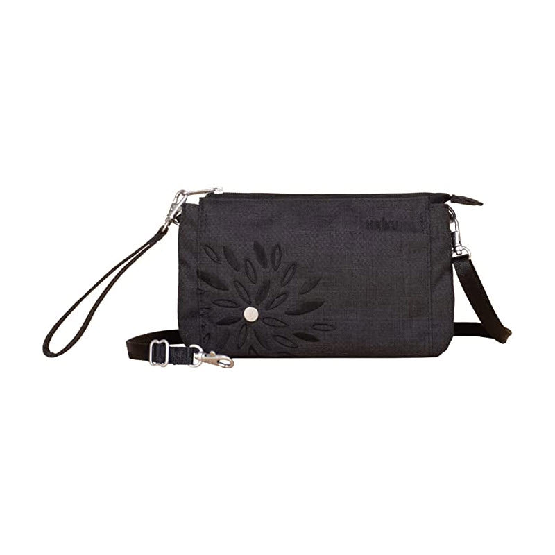 Haiku Black In Bloom rectangular shoulder bag with a floral design and adjustable crossbody strap, isolated on a white background.