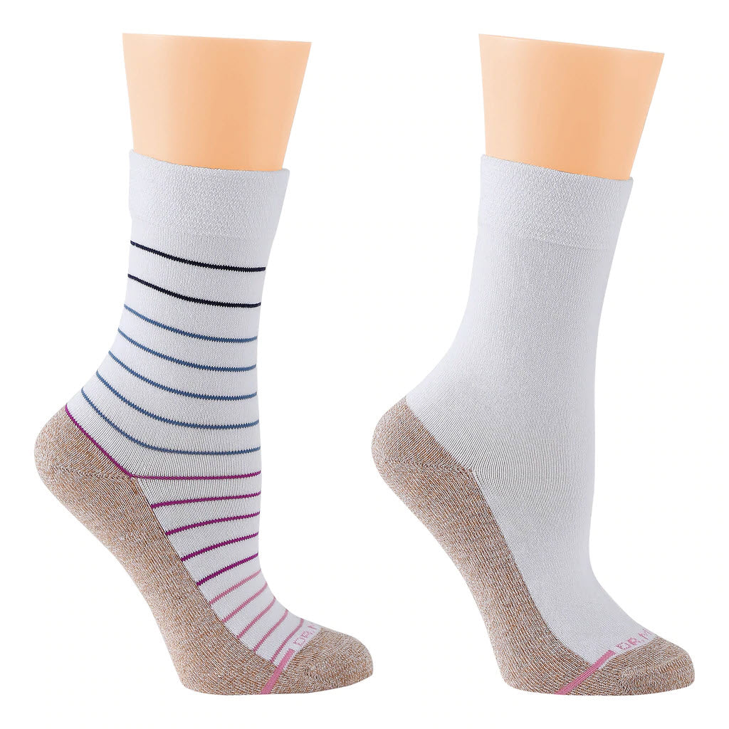 A pair of white striped Soxland DR MOTION 2 PACK DIABETIC CREW PINSTRIPE socks modeled on mannequin feet.