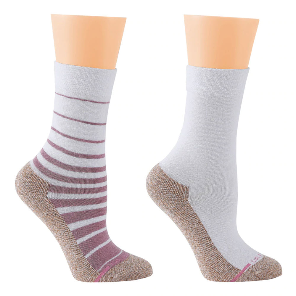 A pair of DR.MOTION 2 PK DIABETIC CREW WHITE STRIPES socks displayed on mannequin feet.