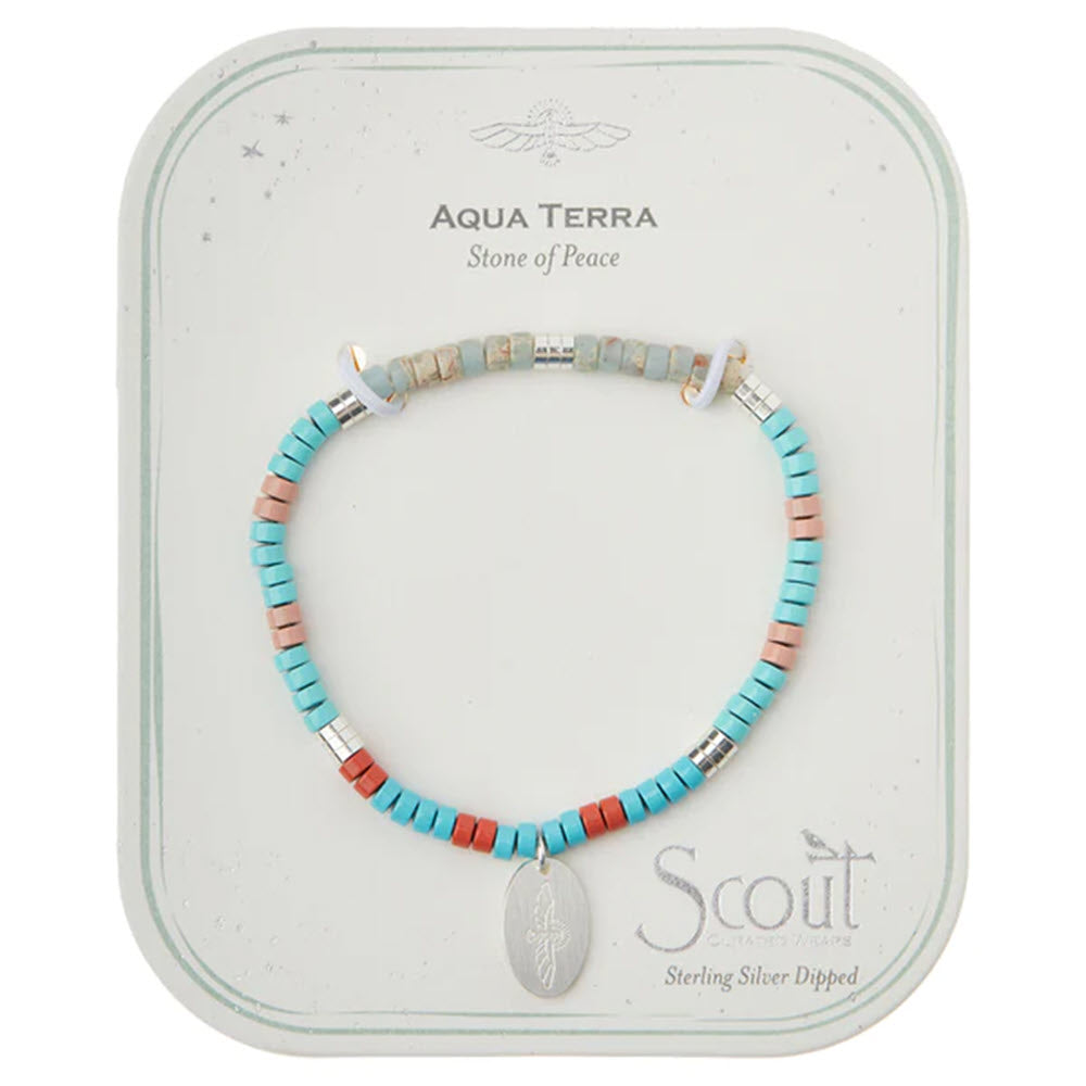 SCOUT CHARM BRACELET AQUA TERRA/SILVER with turquoise and coral semi-precious stones, marketed as "aqua terra," presented in a branded packaging.