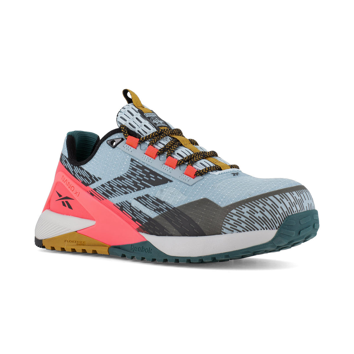 A modern hiking shoe with a multicolor design featuring gray, pink, and teal, showcasing a Reebok Work Nano X1 Adventure rugged sole and durable laces.