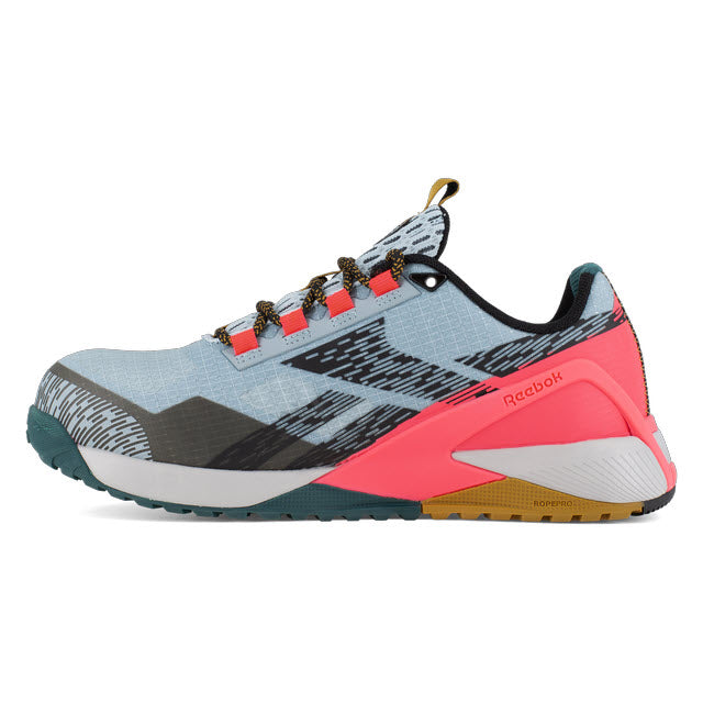 Side view of a Reebok Work trail running shoe featuring a multicolor design with blue, grey, pink, and yellow accents on a patterned upper with rugged sole.