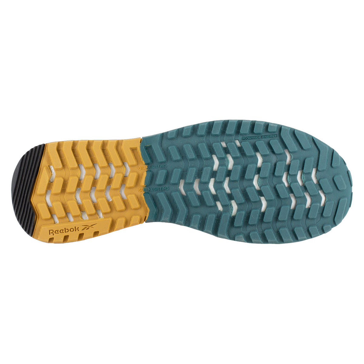 Bottom view of a Reebok Work Nano Low Comp Toe Slate Blue Cherry shoe sole showing a blue and yellow rugged tread pattern with brand name visible.