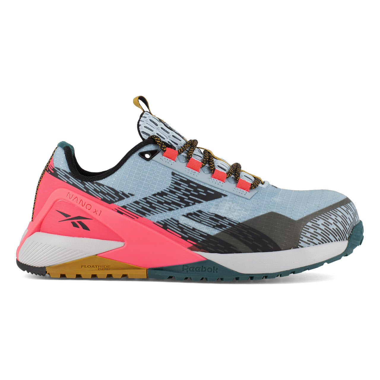 Side view of a Reebok Work Nano Low Comp Toe Slate Blue Cherry running shoe in blue and coral colors with a rugged sole and patterned design.