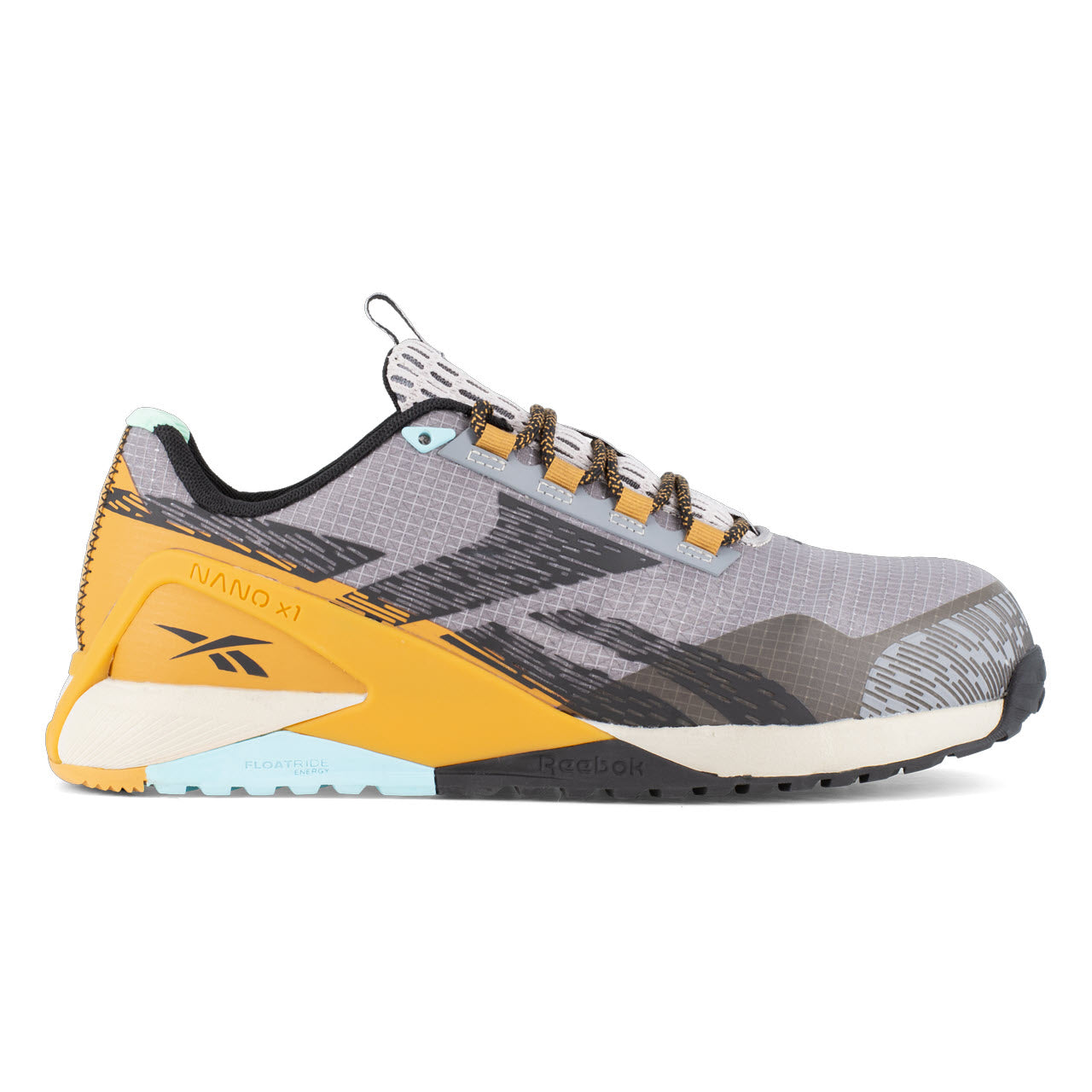 A side view of a gray and yellow athletic Reebok Nano X1 shoe with a patterned design and the Reebok brand logo, featuring a rugged sole.