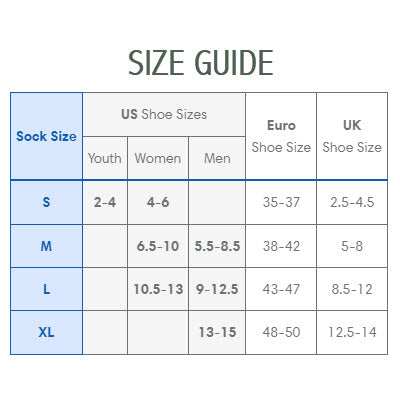 Shoe size conversion chart including US, Euro, and UK sizes, categorized by lightweight Feetures Elite Ultra Light Micro Crew Sock sizes S, M, L, and XL.