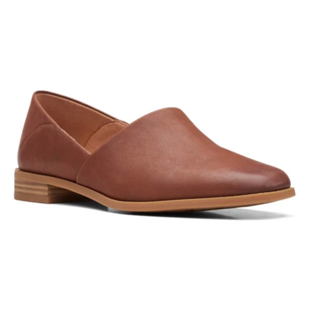 A single Clarks Pure Belle Dark Tan - Womens leather loafer with a low heel and a smooth finish on a white background.