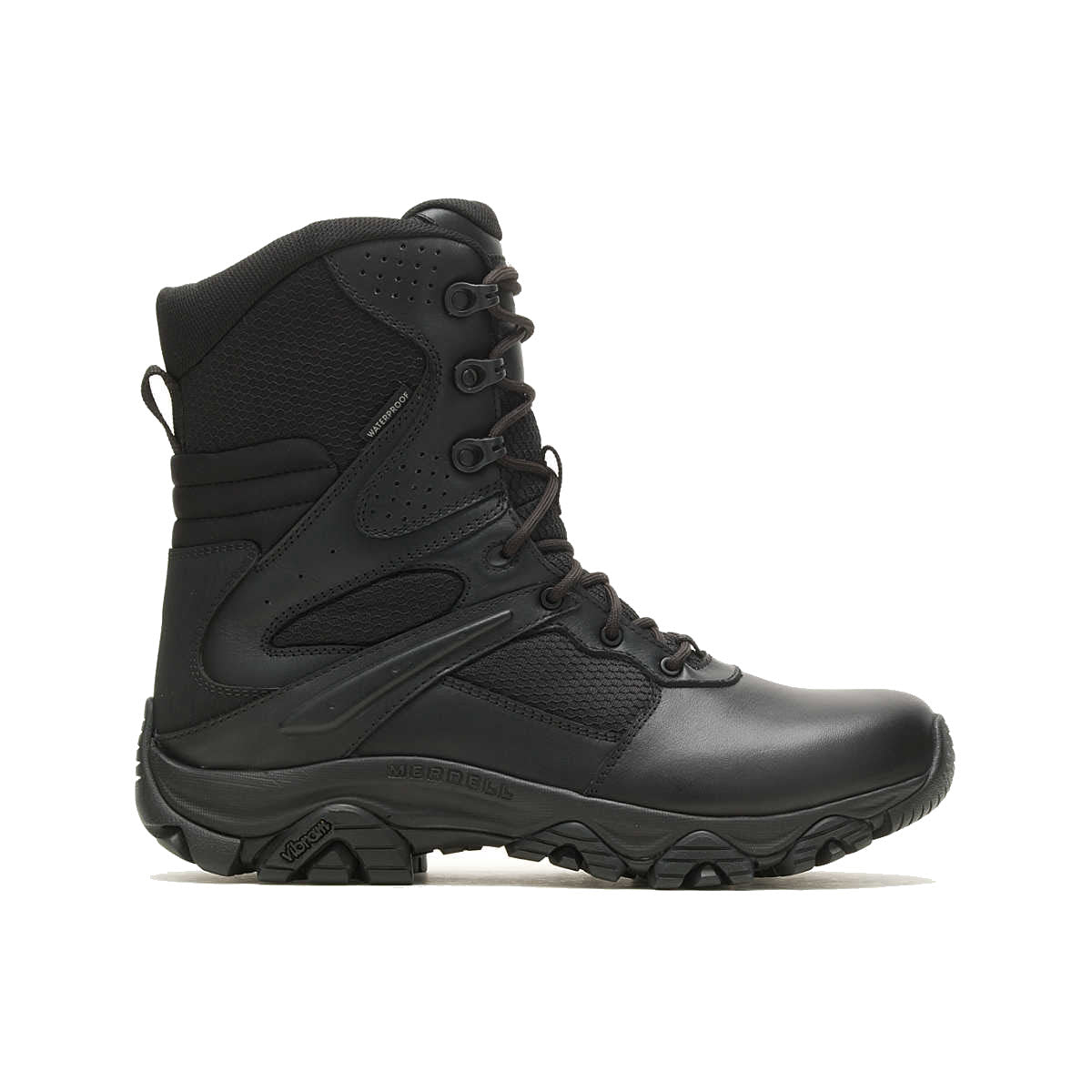 A black waterproof leather Merrell tactical boot with a high ankle design, lace-up front, and rugged sole.