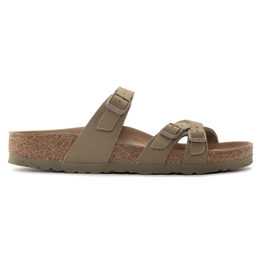Pair of brown buckle sandals with Birkenstock Franca Vegan Faded Khaki Canvas footbed and rubber sole, isolated on a white background.