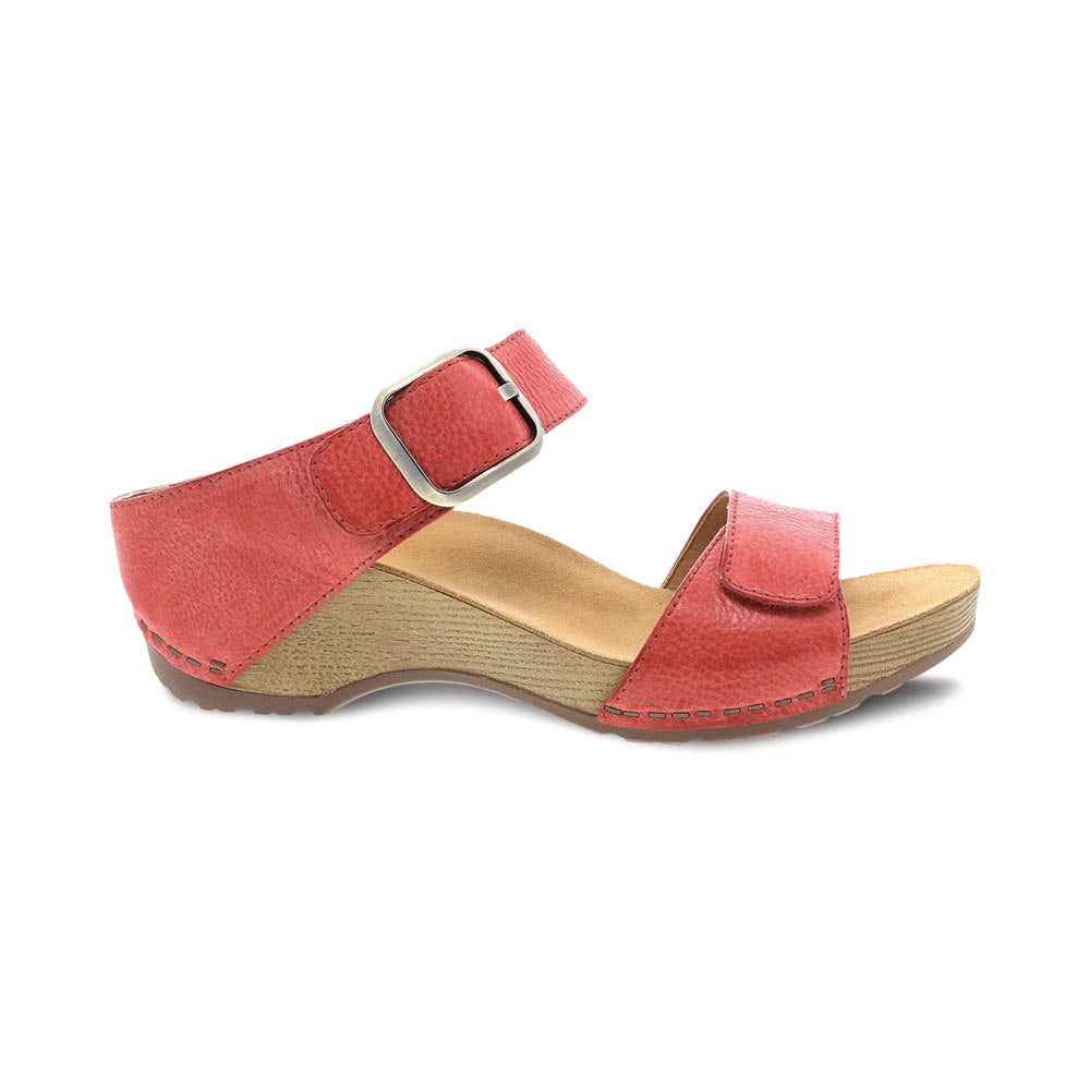 A Dansko Tanya Coral sandal with a buckle, open toe design, and a wooden sole features a contoured footbed with memory foam, isolated on a white background.