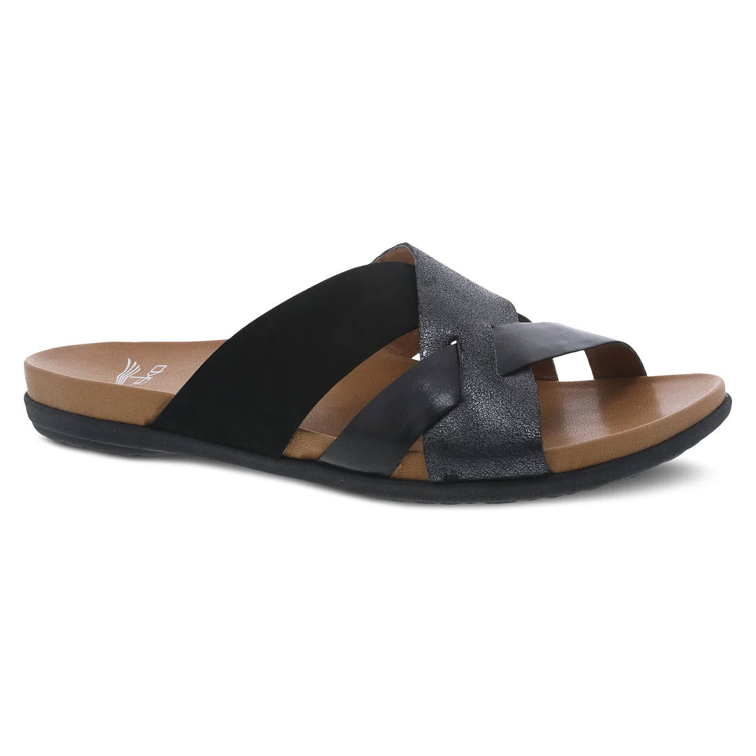 A single Dansko Joanna Black Multi women's sandal with a flat, lightweight rubber outsole, displayed against a white background.