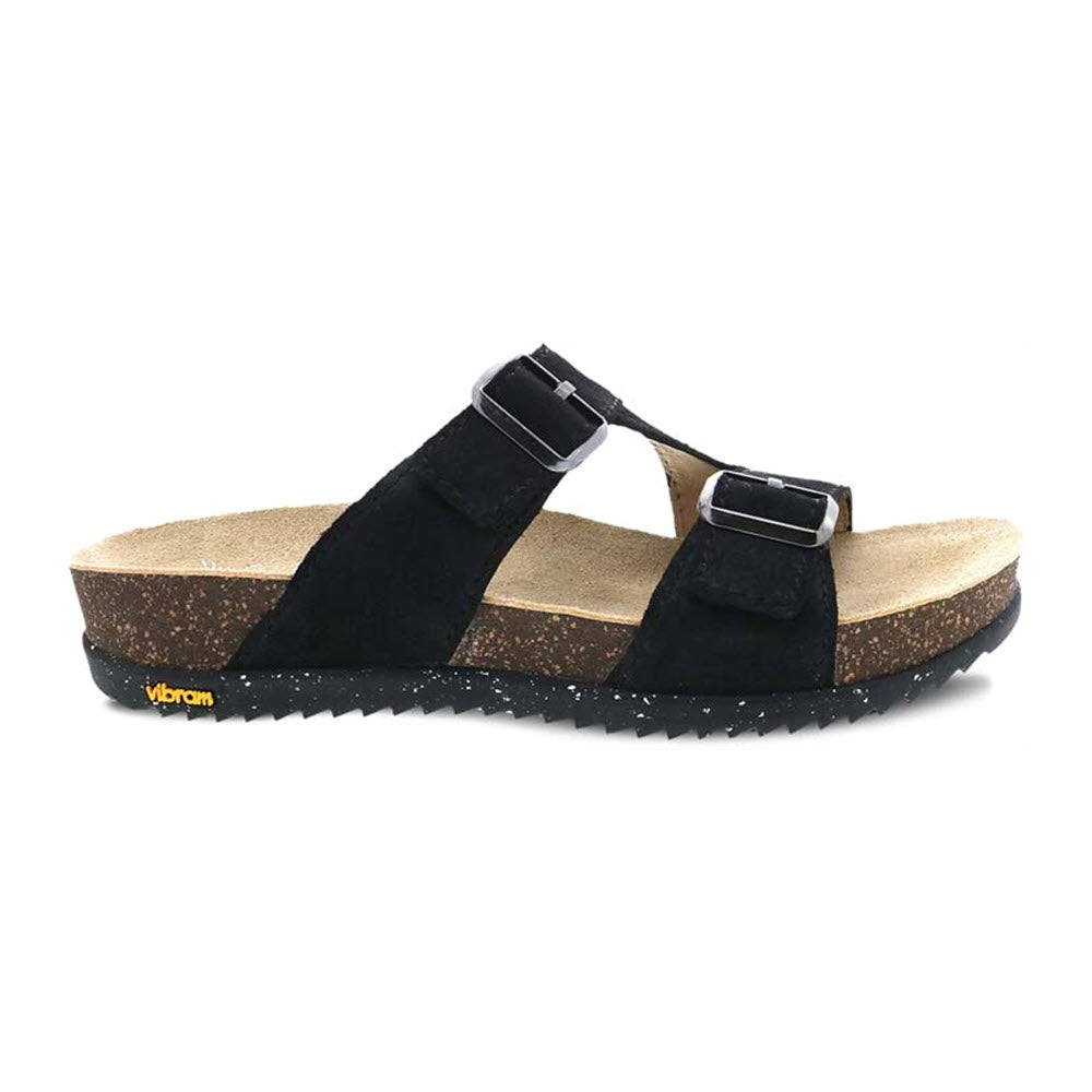 Black double strap Dansko Dayna cork sandal with a Vibram ECOSTEP EVO rubber outsole isolated on a white background.