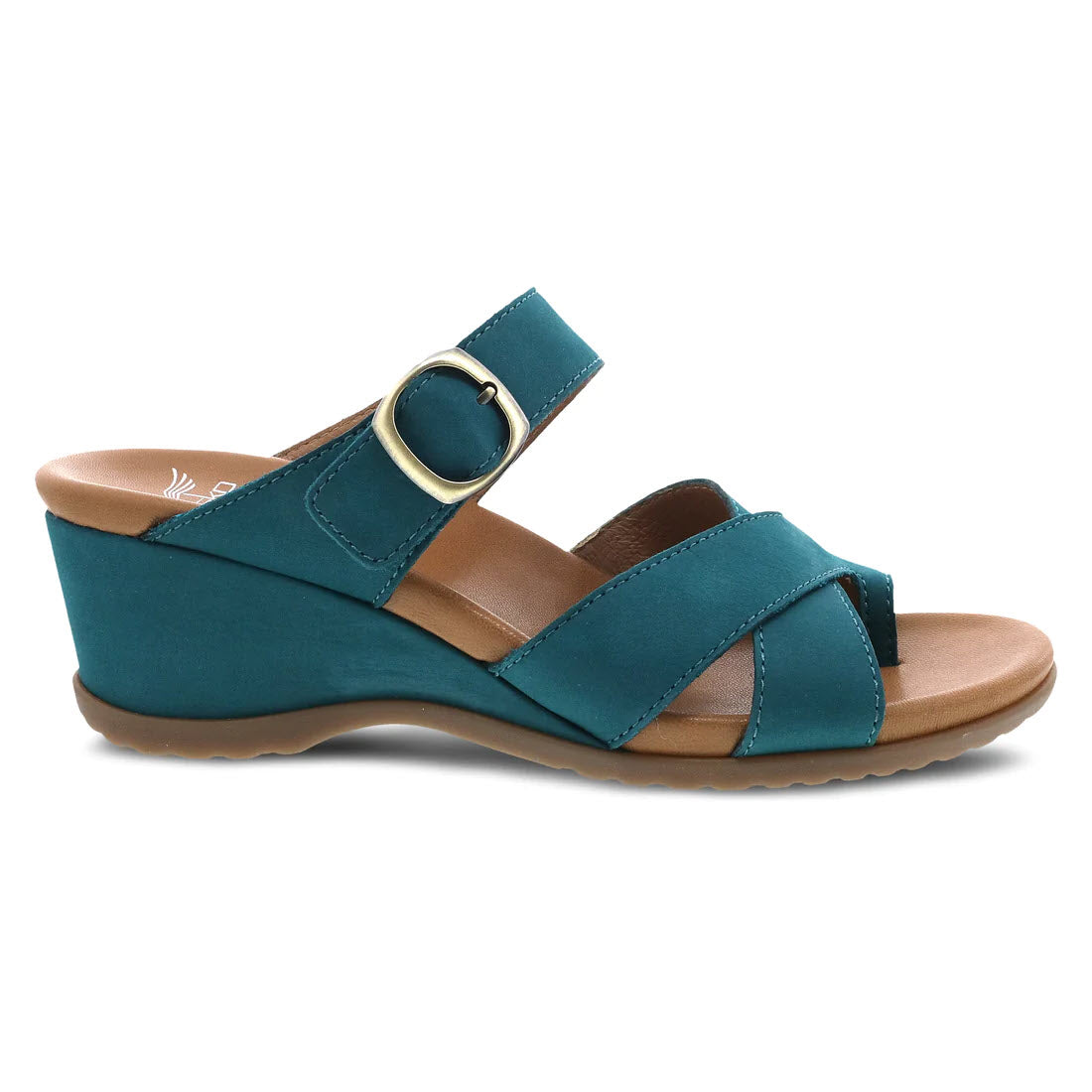A Dansko Aubree teal nubuck wedge sandal with crisscross straps and a circular buckle on a white background.