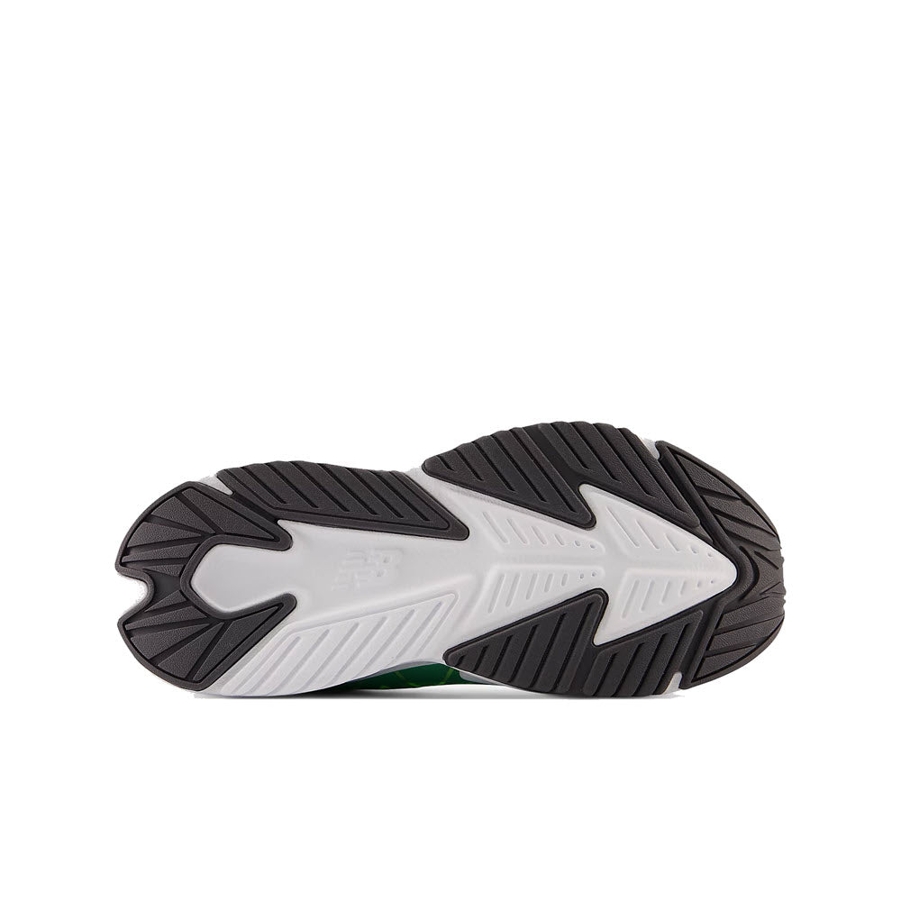 Bottom view of a New Balance Rave Run v2 Raincloud/Green kids’ running shoe with a black and white tread pattern and a small green detail.