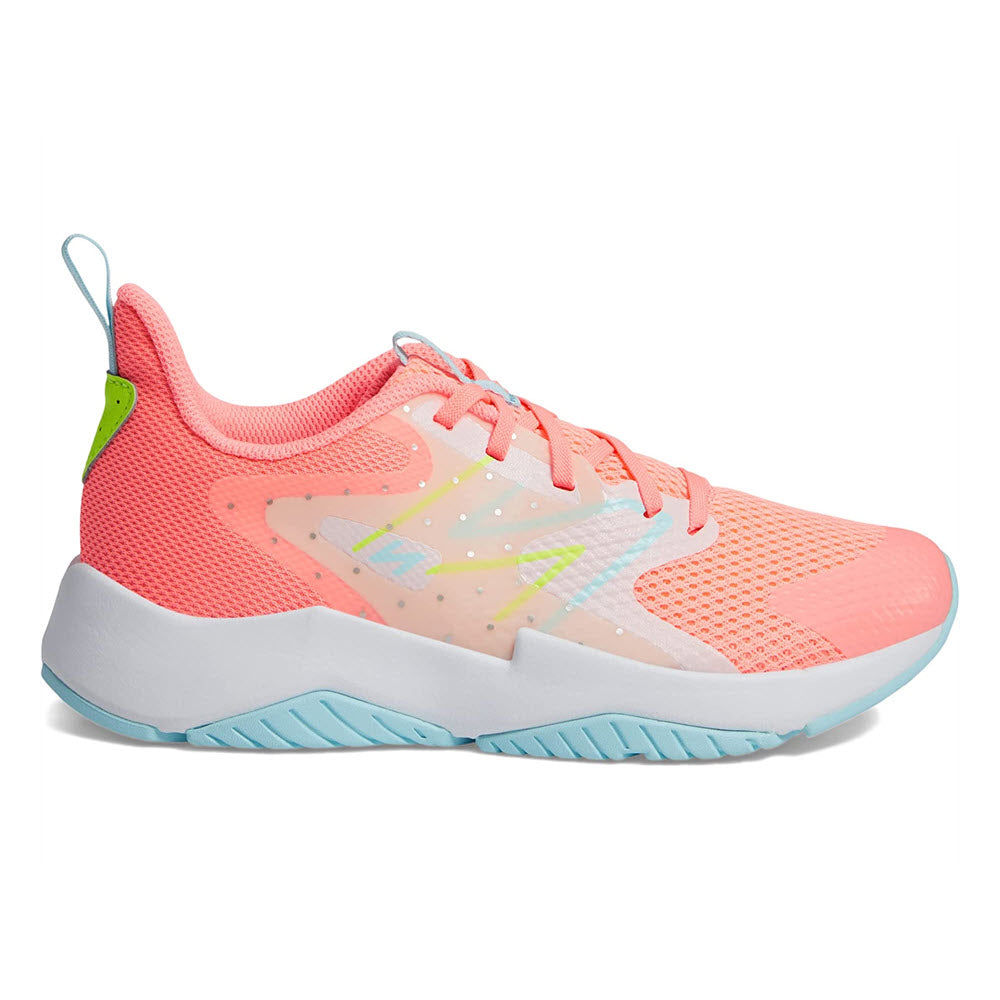 Side view of a New Balance Rave Run V2 Grapefruit - Kids running shoe with a white sole and neon yellow accents.