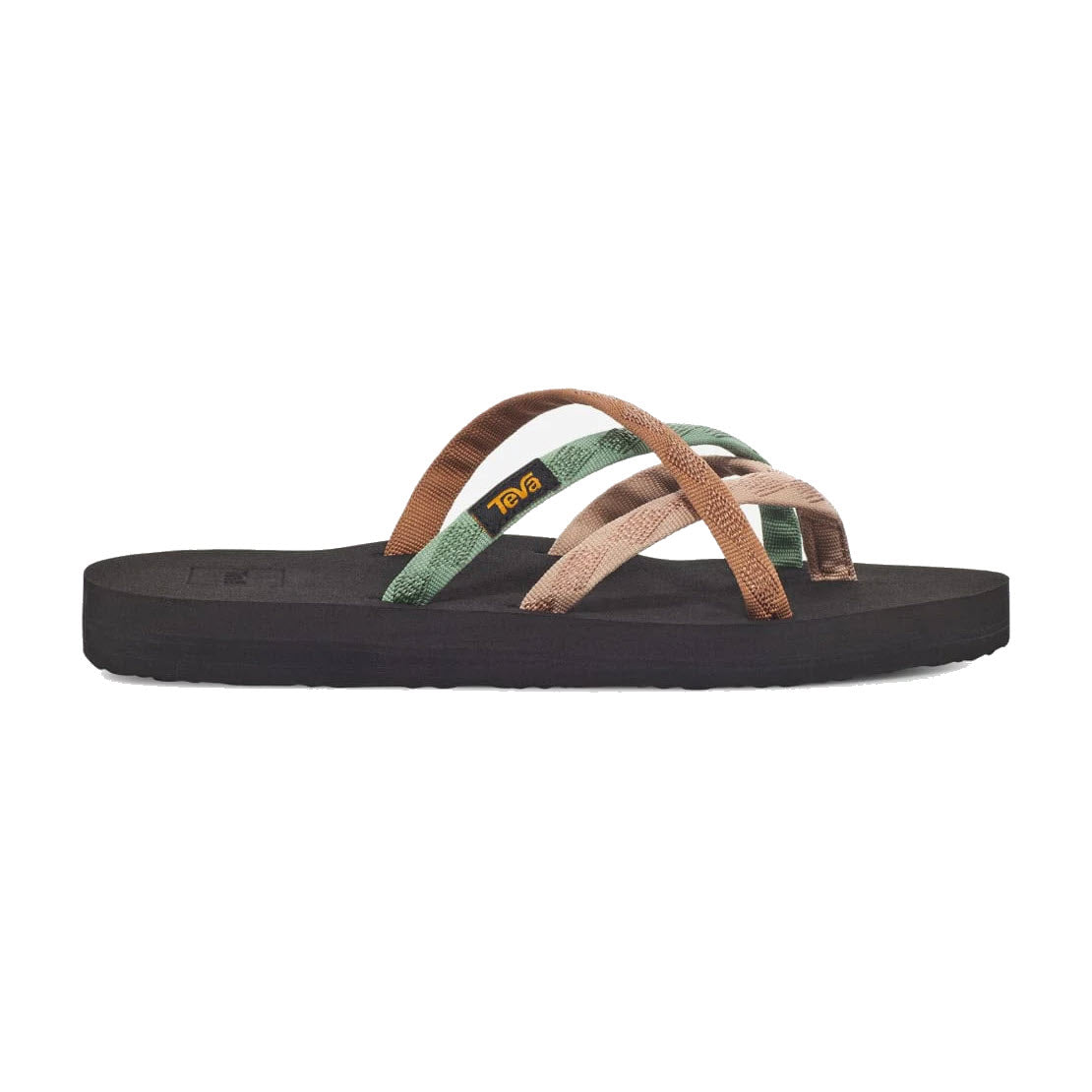 A pair of Teva Women’s TEVA OLOWAHU MAPLE SUGAR MULTI sandals with a black sole and multicolored straps in brown, green, and black, displaying a visible logo.
