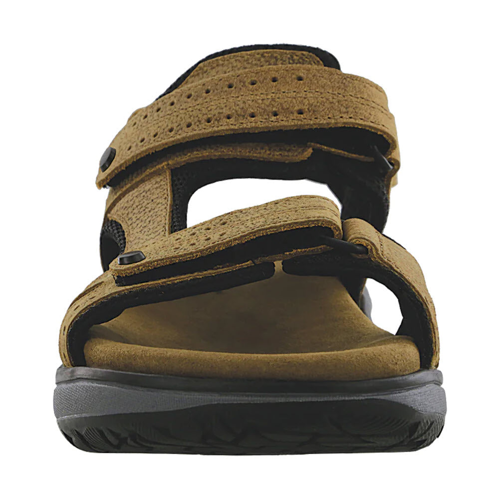 A brown leather outdoor SAS MAVERICK SANDAL STAMPEDE SAND - MENS with multiple straps and a thick rubber sole, viewed from the heel side.