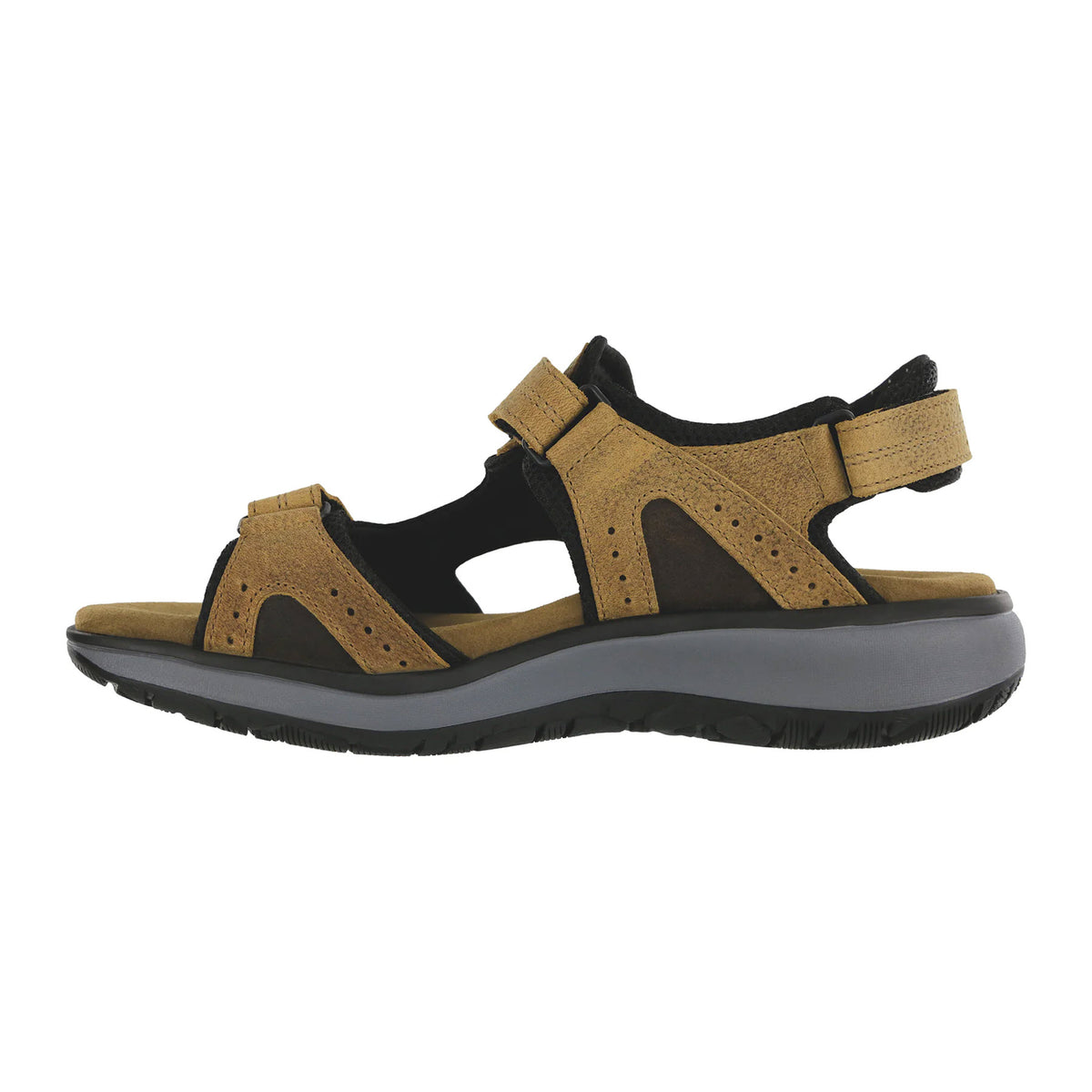 A side view of a brown and black SAS Maverick Sandal Stampede Sand - Mens with adjustable straps and a cushioned sole.