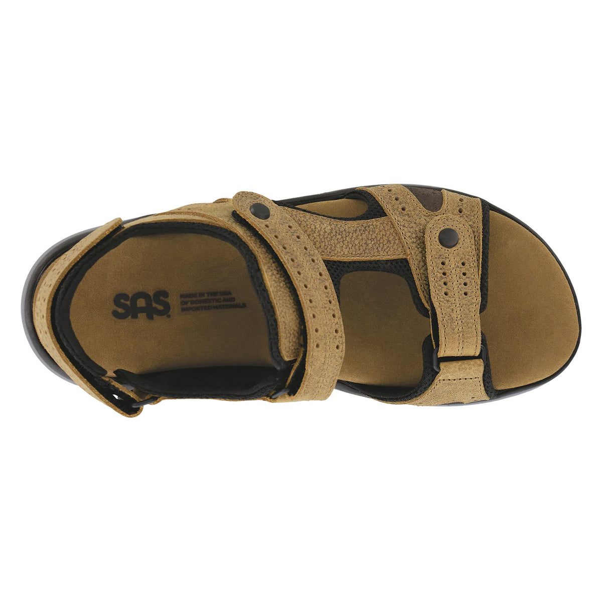 Top view of a single brown leather SAS Maverick Sandal Stampede Sand - Mens with open-toe design and shock-absorbing sole, positioned on a white background.