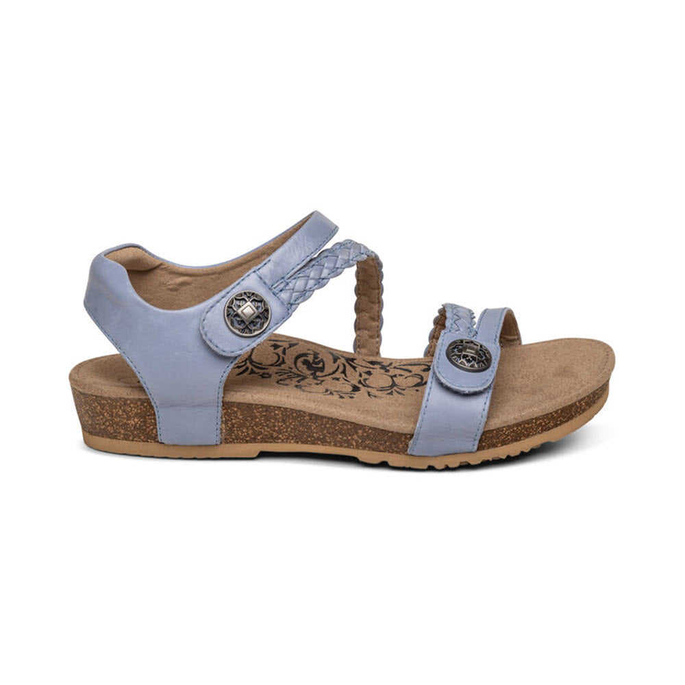 Light blue AETREX JILLIAN BLUE - WOMENS Braided Quarter-Strap Sandal with wedge cork heel and circular metal detail, isolated on a white background.