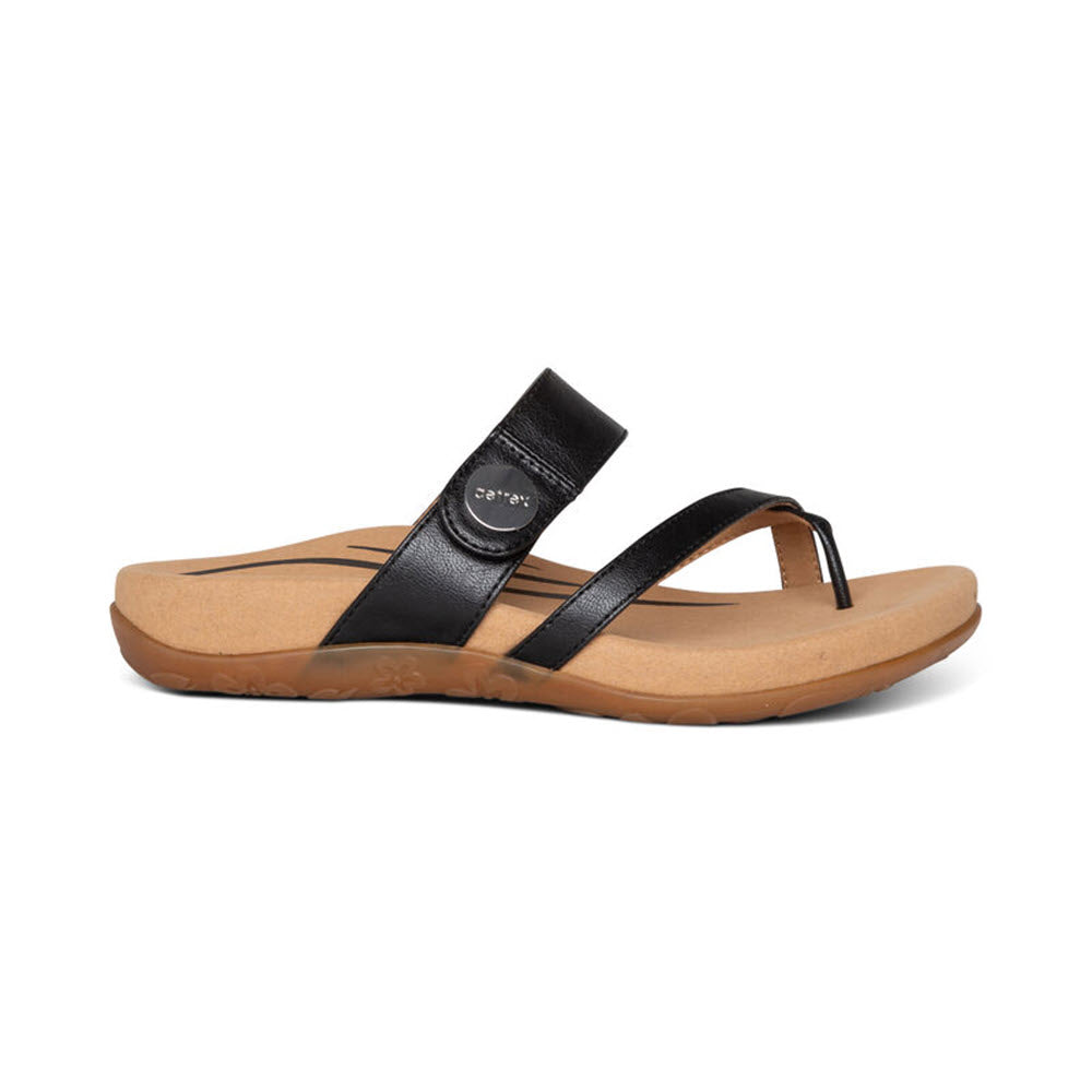 A single Aetrex Izzy Black thong summer sandal with a strap across the instep and a cork footbed, isolated on a white background.