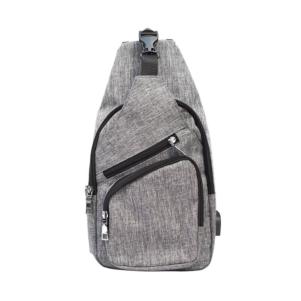 A single-strap gray CALLA LARGE SLING BAG GREY with theft-resistant zippers, isolated on a white background.