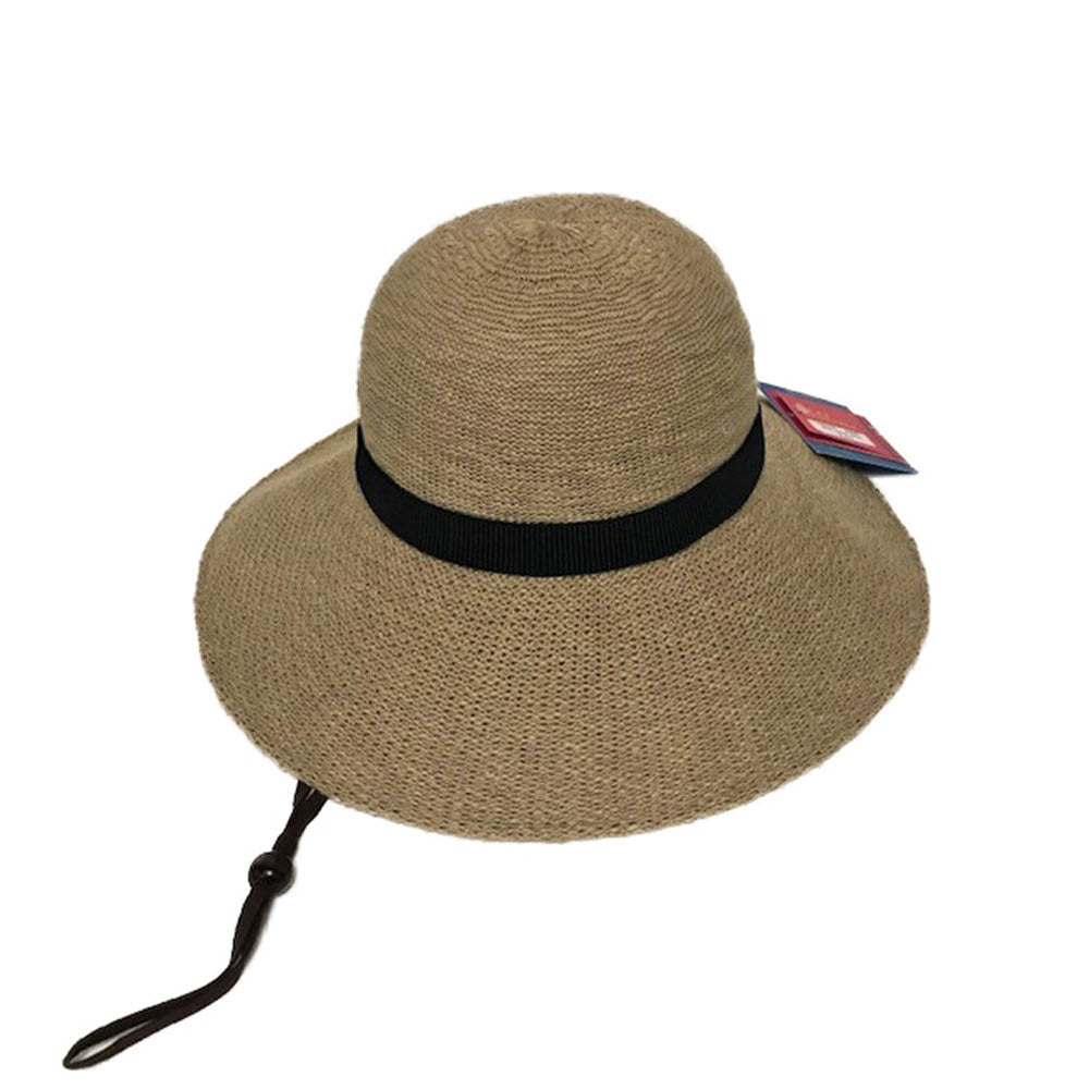 A SHIHREEN LARGE BRIM HAT LIGHT BEIGE/BLACK BAND with SPF50+ protection and an adjustable chin strap, isolated on a white background.